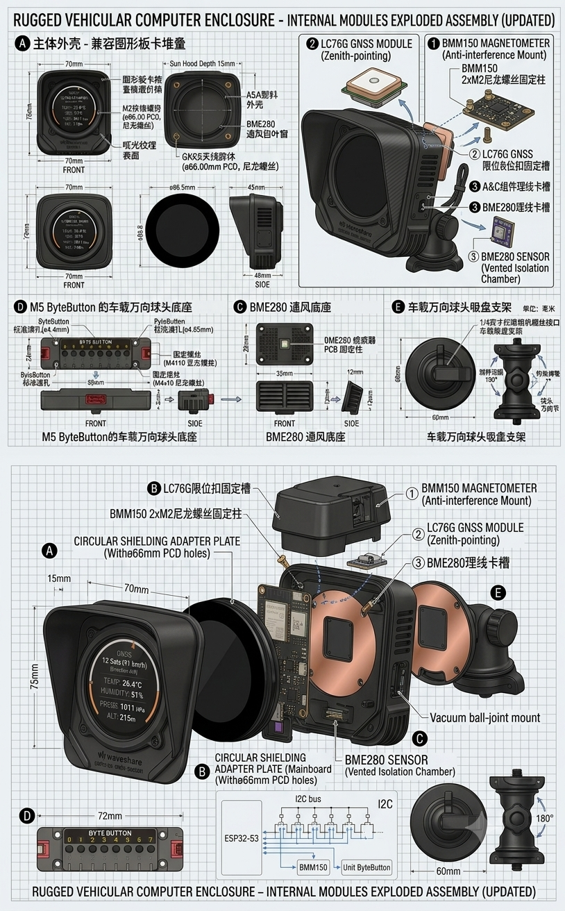 TrailSpud 内部模块、GNSS、磁力计、环境传感器和吸盘支架爆炸装配图